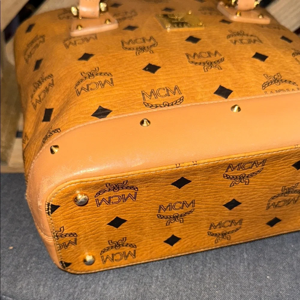 MCM Mini Cognac Leather Tote with Logo Pattern - Picture 10 of 16